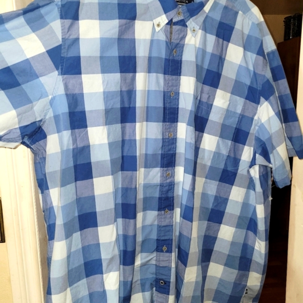 Nautica Button Down Shirt 3XL Short Sleeve Plaid Blue